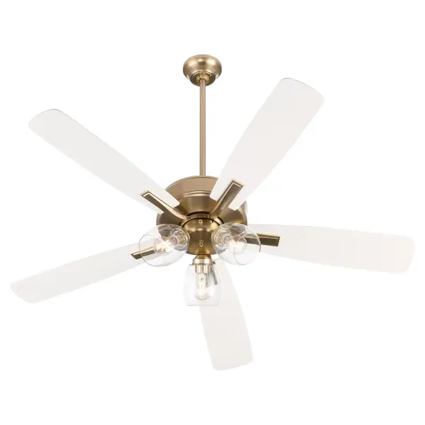 The Ovation ceiling fan combines functional cooling with stylish illumination. Its slightly curved blades and modest housing create a refined look, while the aged brass finish and clear glass shades add warmth and sophistication to any space. - alternate view