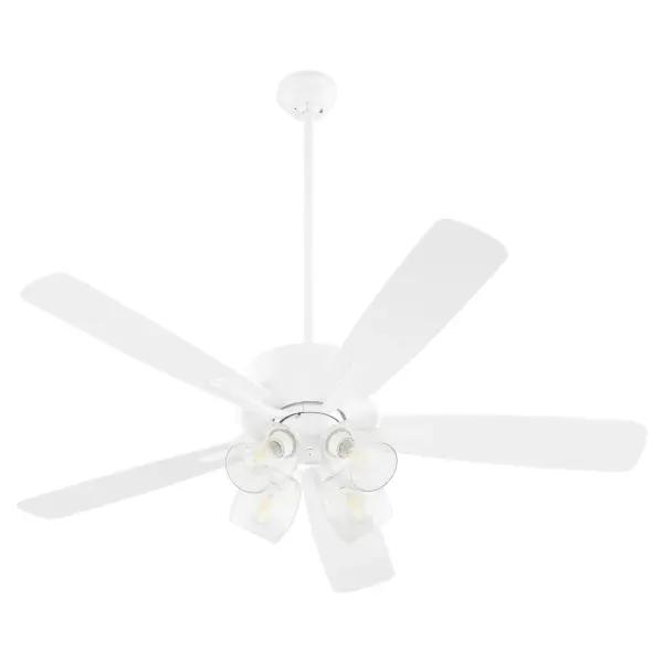 The Ovation ceiling fan combines functional cooling with understated style. Its slightly curved blades and modest housing in Studio White finish blend seamlessly into various interiors while providing reliable airflow.