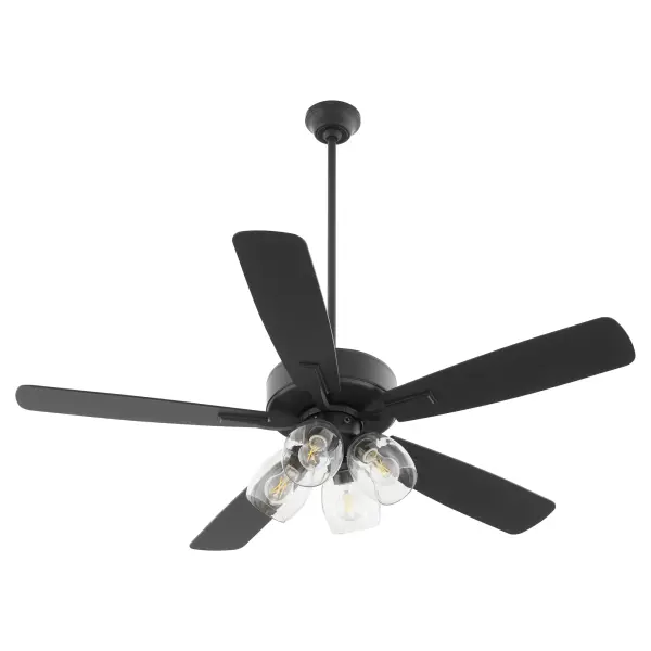The Ovation ceiling fan combines contemporary styling with practical functionality. Its matte black finish and walnut blades create a sophisticated look, while clear glass shades provide ample lighting for medium-sized rooms.