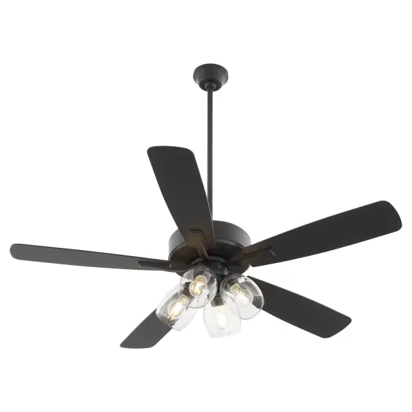 The Ovation ceiling fan combines contemporary styling with practical functionality. Its matte black finish and walnut blades create a sophisticated look, while clear glass shades provide ample lighting for medium-sized rooms. - alternate view