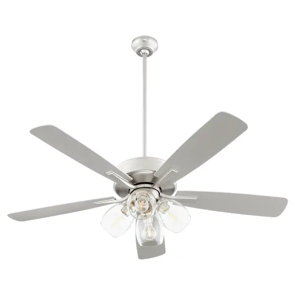 The Ovation ceiling fan combines functional cooling with sophisticated lighting through its 4-light clear glass fixture. Curved blades and satin nickel finish with walnut accents create a refined look suitable for various interior styles.