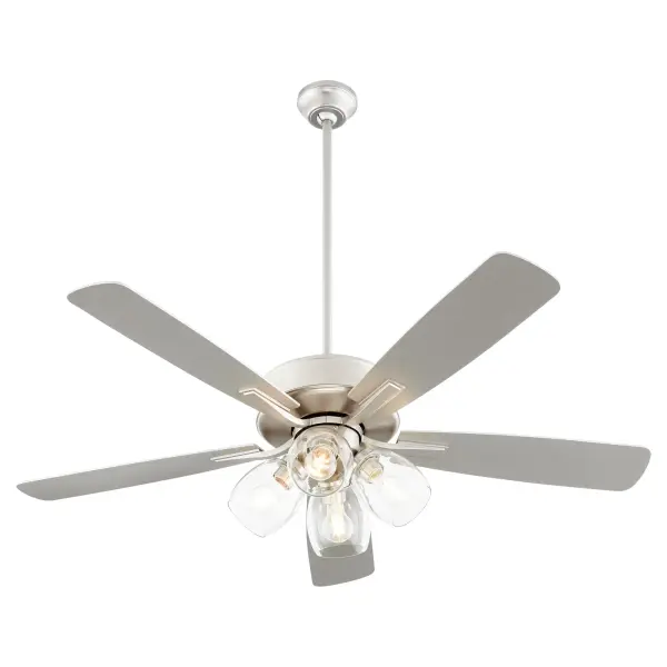 The Ovation ceiling fan combines functional cooling with sophisticated lighting through its 4-light clear glass fixture. Curved blades and satin nickel finish with walnut accents create a refined look suitable for various interior styles. - alternate view