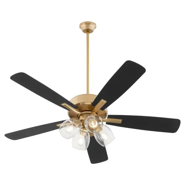 The Ovation ceiling fan combines functional cooling with sophisticated lighting through its 4-light clear glass fixture. Slightly curved blades and aged brass finish create a refined transitional aesthetic suitable for various interior styles. - alternate view