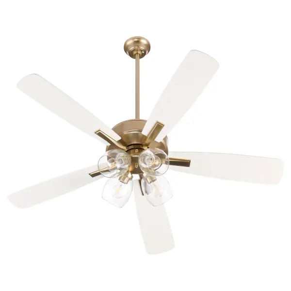 The Ovation ceiling fan combines functional cooling with refined style. Its slightly curved blades and modest housing create a clean, unobtrusive look while the aged brass finish and clear glass shades add warmth and sophistication.