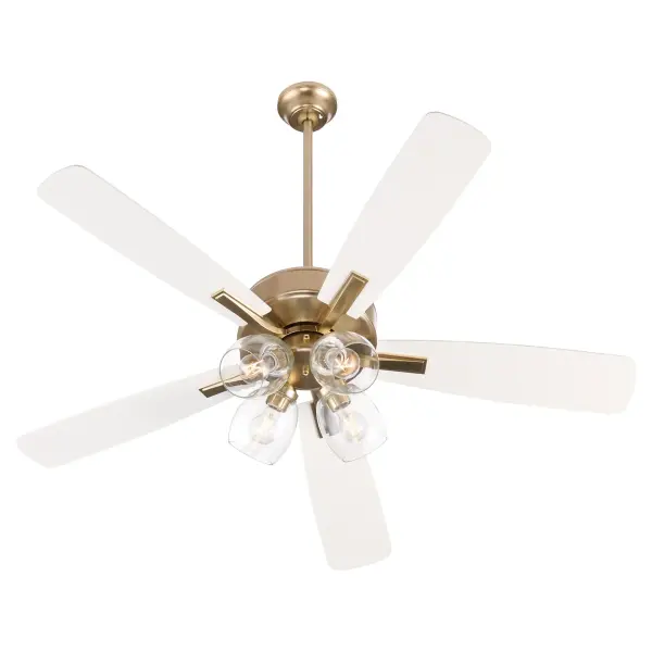 The Ovation ceiling fan combines functional cooling with refined style. Its slightly curved blades and modest housing create a clean, unobtrusive look while the aged brass finish and clear glass shades add warmth and sophistication. - alternate view