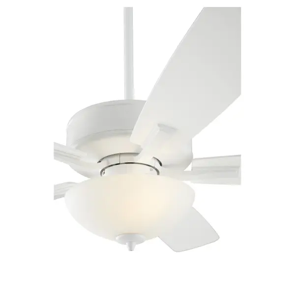 The Ovation delivers reliable cooling comfort with a transitional design featuring slightly curved blades and an opal bowl light. Its modest profile and Studio White finish make it versatile for various room styles. - alternate view