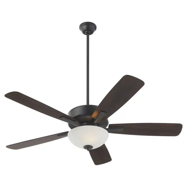 The Ovation ceiling fan combines functional cooling with understated style. Its slightly curved blades and modest housing create a refined look, while the satin opal bowl light provides ambient illumination for any room. - alternate view