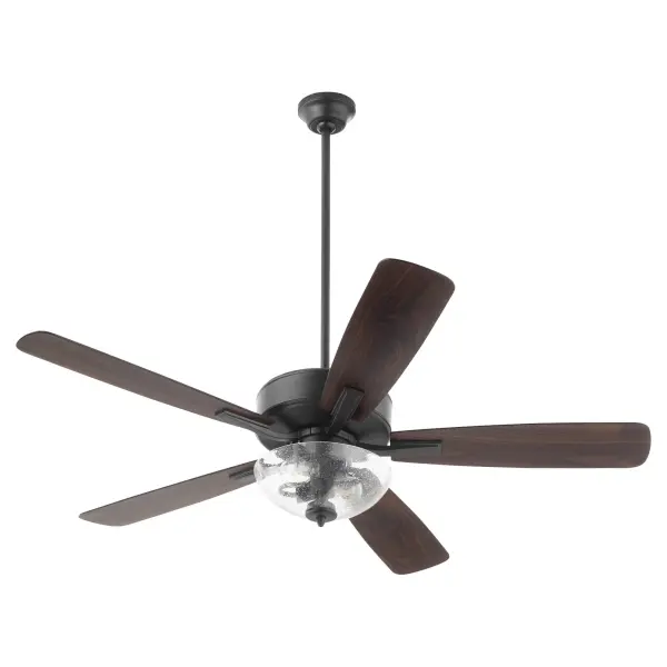 The Ovation ceiling fan combines functional cooling with understated style. Its slightly curved blades and matte black finish complement various decor styles, while the clear seeded glass bowl adds visual interest and ambient lighting.