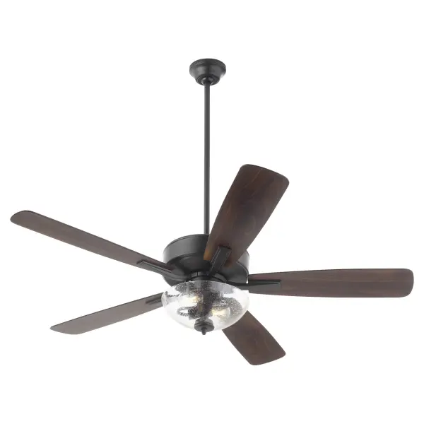 The Ovation ceiling fan combines functional cooling with understated style. Its slightly curved blades and matte black finish complement various decor styles, while the clear seeded glass bowl adds visual interest and ambient lighting. - alternate view