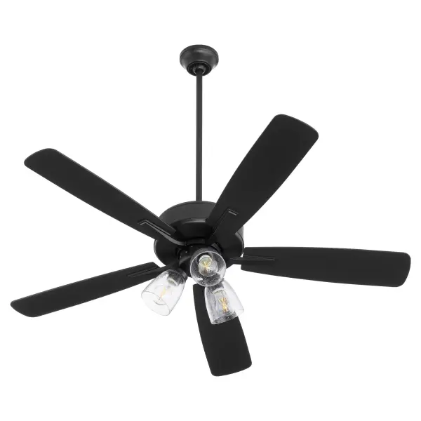 The Ovation ceiling fan combines transitional design with practical functionality. Its matte black finish and clear seeded glass shades create visual interest while the 52-inch blade span provides effective air circulation for medium-sized rooms.