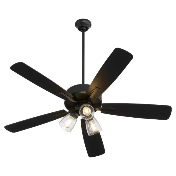 The Ovation ceiling fan combines transitional design with practical functionality. Its matte black finish and clear seeded glass shades create visual interest while the 52-inch blade span provides effective air circulation for medium-sized rooms. - alternate view
