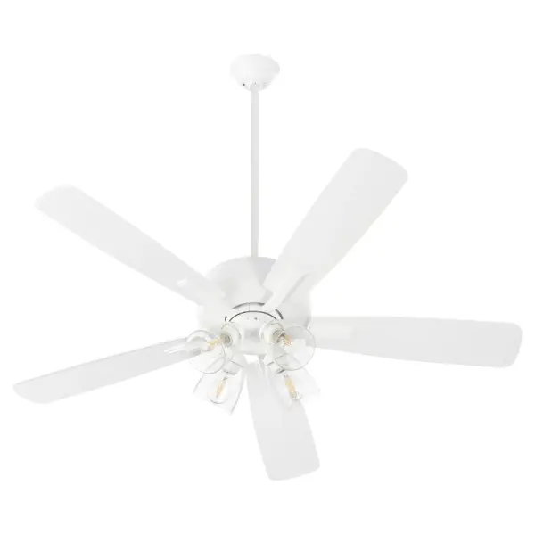 The Ovation combines functional cooling with attractive lighting through four clear seeded glass shades. Its slightly curved blades and modest housing in Studio White finish make it adaptable to various décor styles.