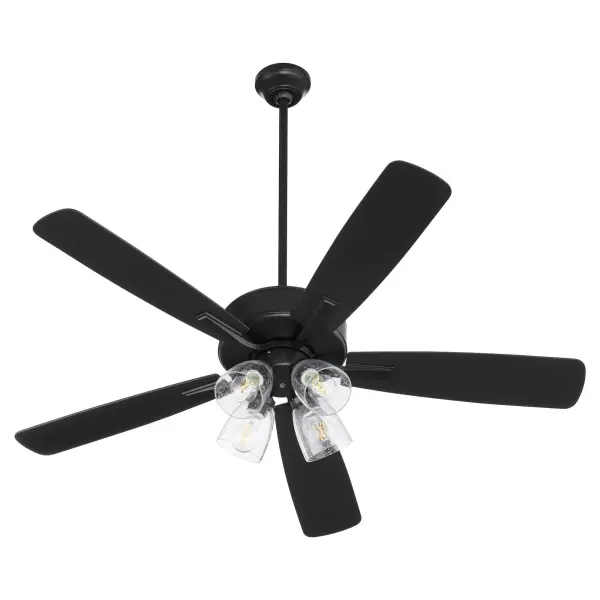 The Ovation ceiling fan combines functional cooling with stylish illumination through its 4-light design and clear seeded glass shades. Slightly curved blades and matte black finish create a transitional aesthetic that works in various settings.