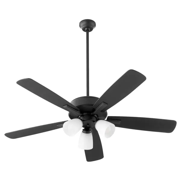 The Ovation combines contemporary design with practical functionality. Its curved blades and matte black finish create a refined look, while the 3-light opal glass fixture provides ambient illumination alongside efficient air circulation.