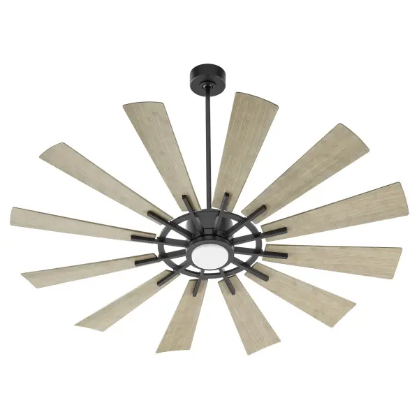The Cirque 60" ceiling fan combines robust outdoor performance with striking industrial aesthetics. Its multi-blade system and matte black housing with weathered gray wood-stained blades create elegant contrast while delivering powerful air circulation for patios and covered outdoor spaces.