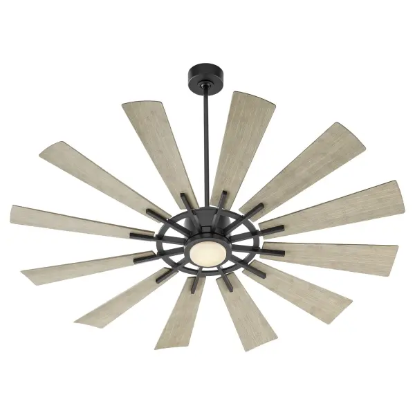 The Cirque 60" ceiling fan combines robust outdoor performance with striking industrial aesthetics. Its multi-blade system and matte black housing with weathered gray wood-stained blades create elegant contrast while delivering powerful air circulation for patios and covered outdoor spaces. - alternate view