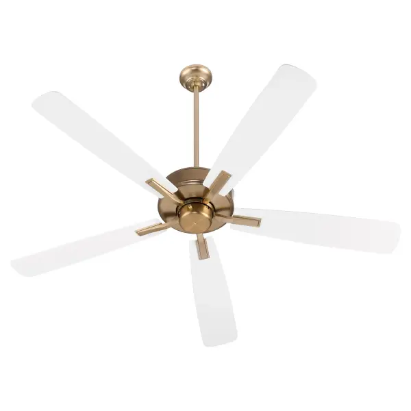 The Ovation delivers reliable cooling comfort with its 60-inch blade span and elegant curved blade design. The aged brass finish with studio white blades offers versatile style that complements both traditional and contemporary spaces.