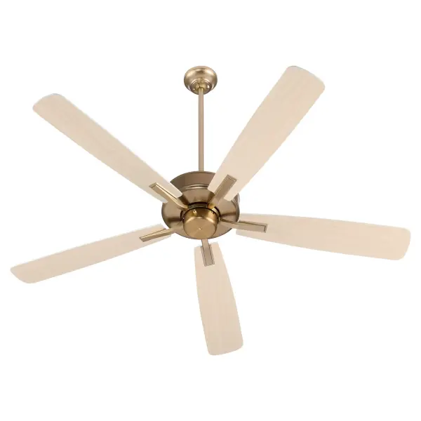 The Ovation delivers reliable cooling comfort with its 60-inch blade span and elegant curved blade design. The aged brass finish with studio white blades offers versatile style that complements both traditional and contemporary spaces. - alternate view