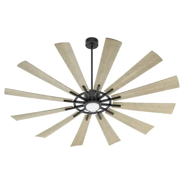 The Cirque delivers robust air circulation for large outdoor spaces with its multi-blade design and weather-resistant construction. The striking contrast of matte black housing with weathered gray wood-stained blades creates an industrial-modern aesthetic perfect for patios and covered outdoor areas.