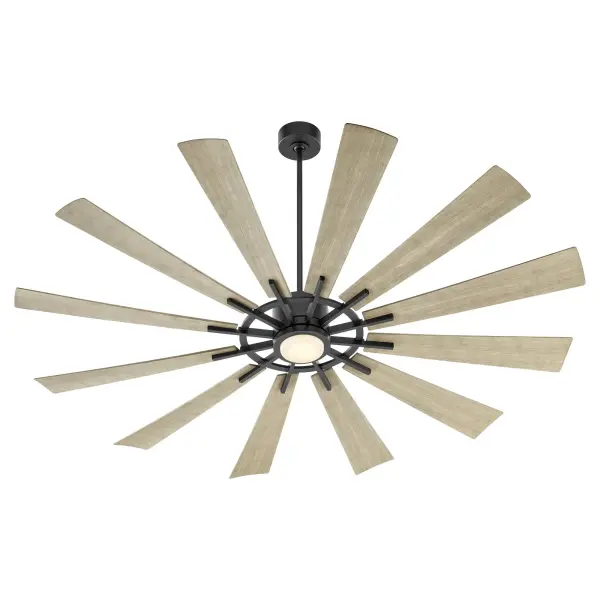 The Cirque delivers robust air circulation for large outdoor spaces with its multi-blade design and weather-resistant construction. The striking contrast of matte black housing with weathered gray wood-stained blades creates an industrial-modern aesthetic perfect for patios and covered outdoor areas. - alternate view