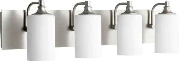 The Celeste 4-light vanity combines sleek satin nickel with soft opal glass for a sophisticated, versatile look. Its minimalist design adds contemporary elegance while maintaining transitional flexibility for various bathroom styles.