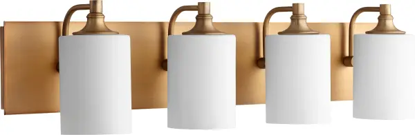 The Celeste 4-light vanity combines aged brass with satin opal glass for a sophisticated, minimalist aesthetic. Its transitional design bridges contemporary and traditional styles, making it versatile for various bathroom designs.