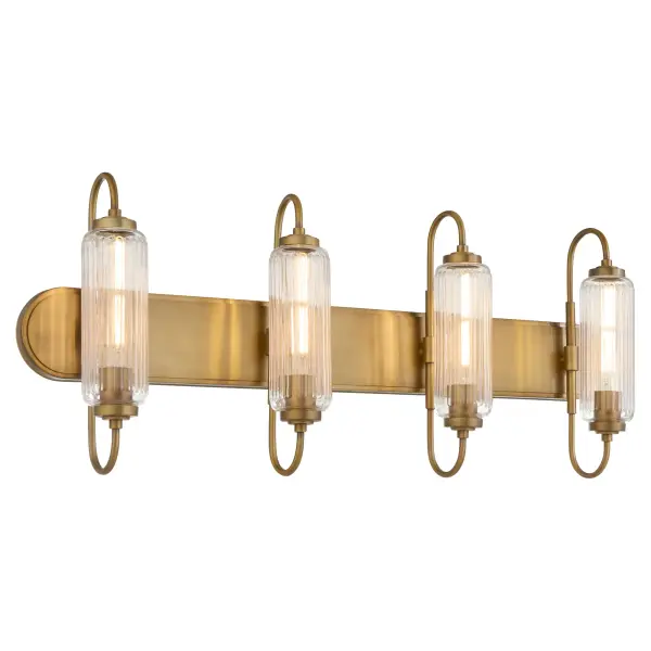 The Whitmire vanity light captures the charm of early radio electronics with its ribbed glass and brushed brass finish. This 4-light fixture brings timeless elegance to bathrooms while offering versatile styling that works in both traditional and contemporary spaces. - alternate view
