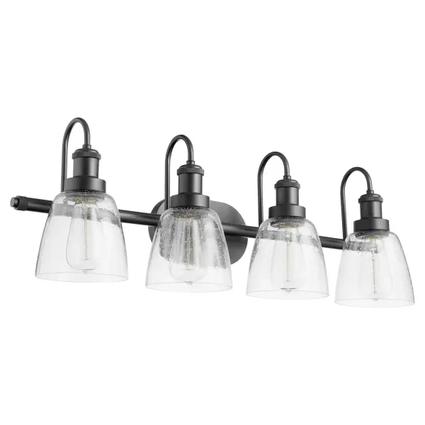 This sophisticated vanity light combines clean lines with seeded glass shades for a perfect blend of modern and traditional design. The matte black finish adds bold contrast while the clear seeded glass provides warm, diffused illumination ideal for bathroom vanities.