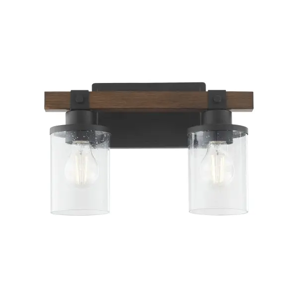 2-Light Vanity in Textured Black with Walnut Wood - Image 2
