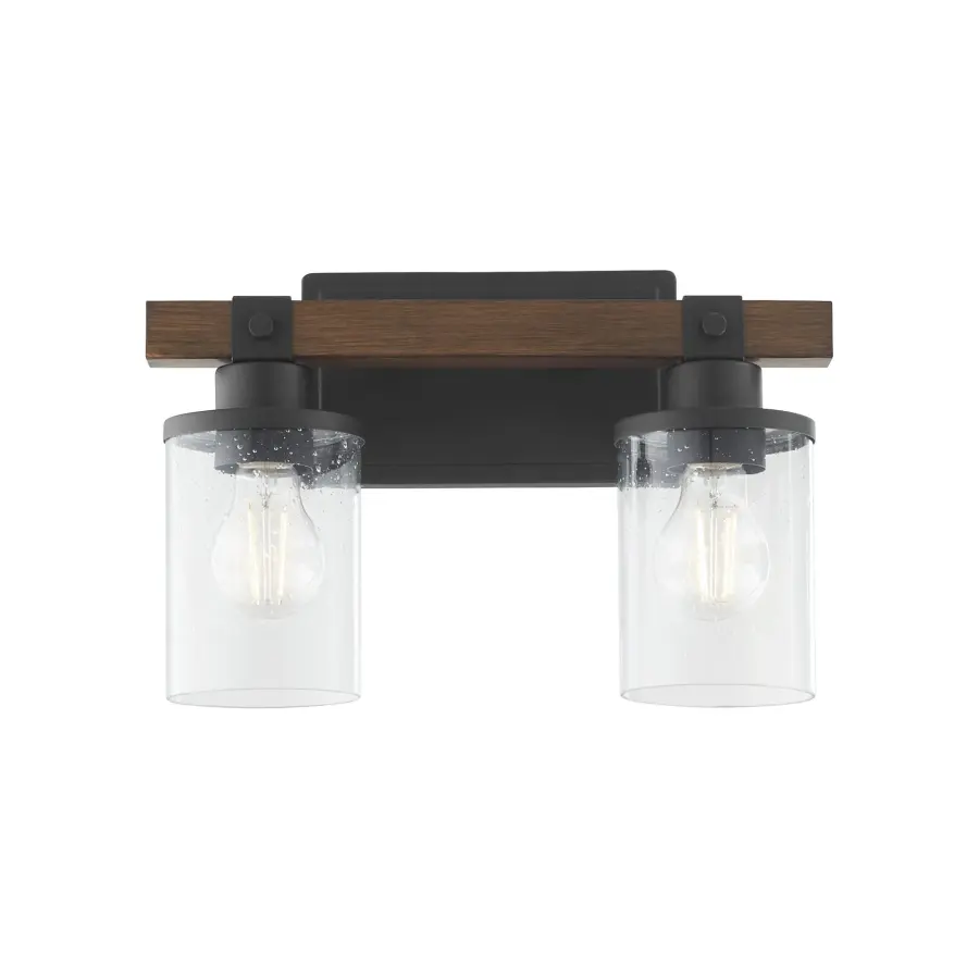 2-Light Vanity in Textured Black with Walnut Wood - Image 2