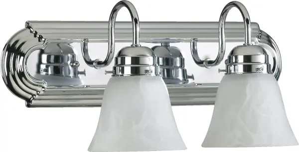 This two-light vanity fixture blends traditional design with contemporary chrome finish and frosted bell-shaped glass shades. Decorative fastening knobs add classic detail while providing bright, even illumination for bathroom mirrors.