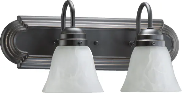 This two-light vanity fixture blends timeless traditional design with updated features. The old world bronze finish and frosted bell-shaped glass shades create a sophisticated look perfect for bathroom mirrors.