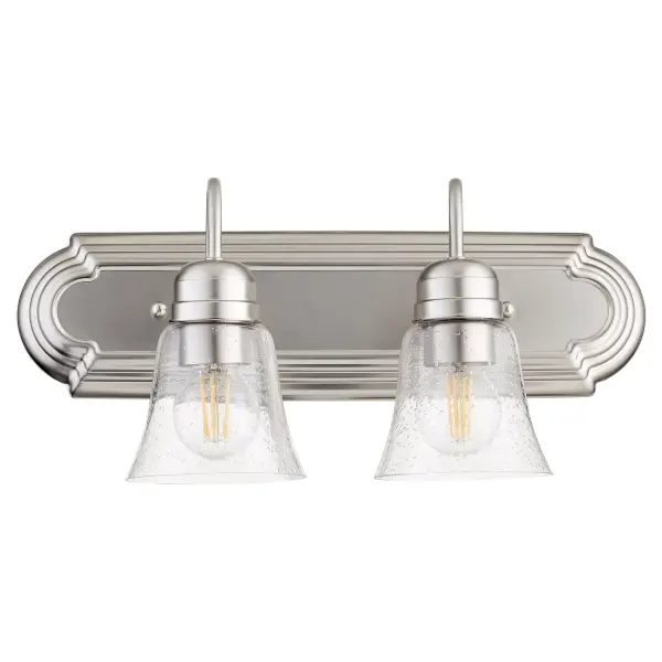 This two-light vanity fixture combines timeless traditional design with contemporary satin nickel finish and clear seeded glass shades. Perfect for updating bathroom mirrors with classic appeal and modern functionality.