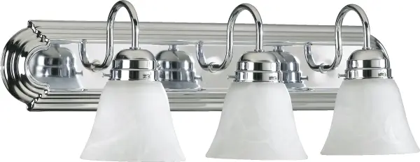 This three-light vanity fixture combines timeless traditional design with contemporary chrome finish and frosted bell-shaped glass shades. Decorative fastening knobs add character while providing excellent bathroom illumination.