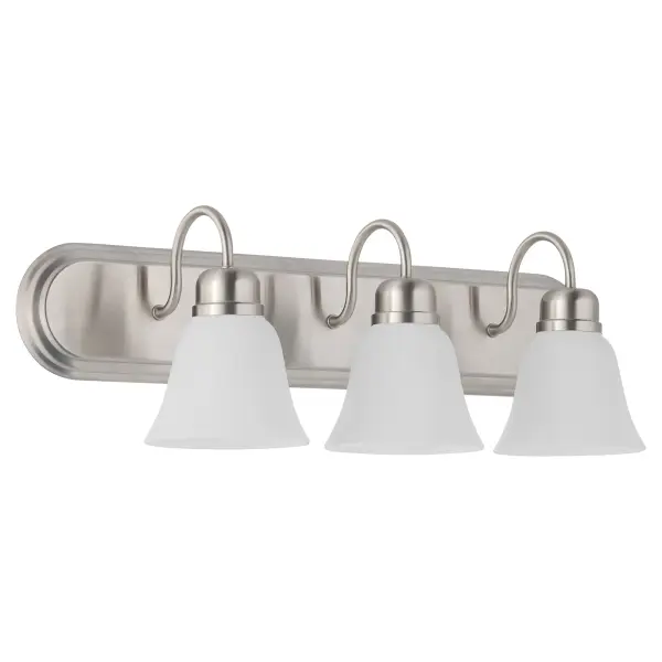 This traditional vanity light combines timeless design with contemporary appeal. Featuring three bell-shaped satin opal glass shades and a satin nickel finish, it provides excellent illumination for bathroom mirrors while adding elegant style.
