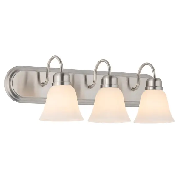 This traditional vanity light combines timeless design with contemporary appeal. Featuring three bell-shaped satin opal glass shades and a satin nickel finish, it provides excellent illumination for bathroom mirrors while adding elegant style. - alternate view