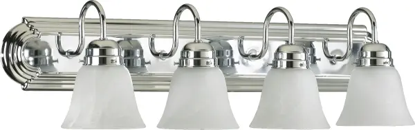 This four-light vanity fixture blends traditional design with contemporary chrome finish and frosted bell-shaped glass shades. Decorative fastening knobs add classic detail while providing bright, even illumination for bathroom mirrors.