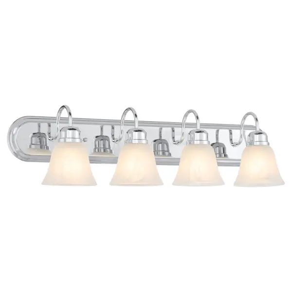 This four-light vanity fixture blends traditional design with contemporary chrome finish and frosted bell-shaped glass shades. Decorative fastening knobs add classic detail while providing bright, even illumination for bathroom mirrors. - alternate view