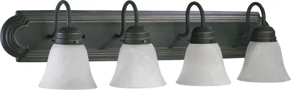 This four-light vanity fixture blends timeless traditional design with updated features. The old world finish and frosted bell-shaped glass shades create warm, diffused lighting perfect for bathroom mirrors.