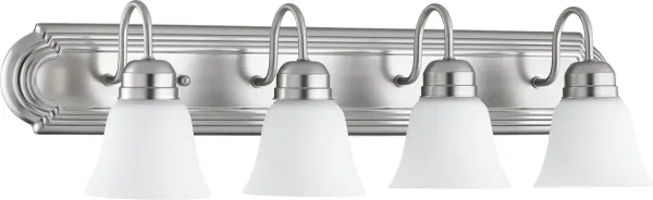 This four-light vanity fixture blends traditional design with contemporary appeal through its satin nickel finish and elegant bell-shaped opal glass shades. Perfect for updating bathroom mirrors with timeless style.