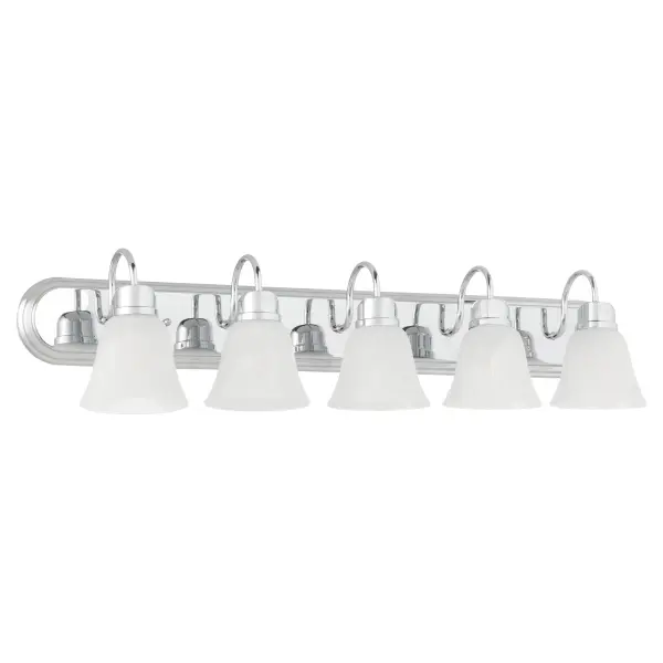 This five-light vanity fixture combines timeless traditional design with contemporary chrome finish and frosted bell-shaped glass shades. Decorative fastening knobs add character while providing excellent illumination for bathroom mirrors.