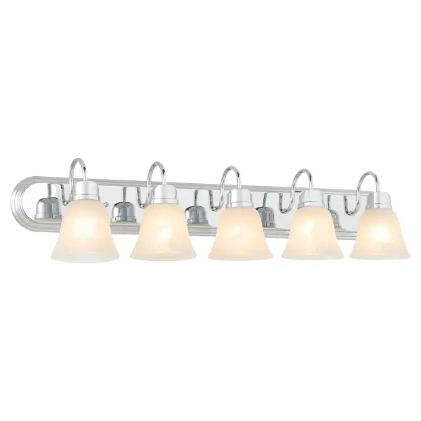 This five-light vanity fixture combines timeless traditional design with contemporary chrome finish and frosted bell-shaped glass shades. Decorative fastening knobs add character while providing excellent illumination for bathroom mirrors. - alternate view