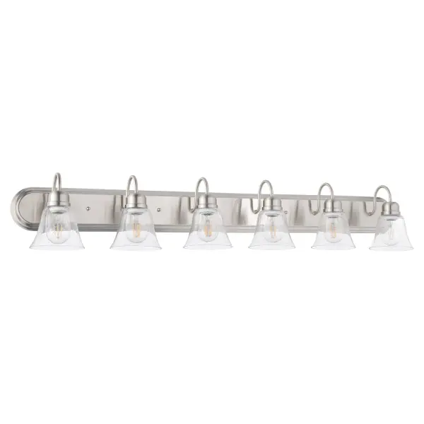 This traditional vanity light combines timeless design with contemporary appeal through its satin nickel finish and clear seeded glass shades. Six lights provide excellent illumination for bathroom mirrors.