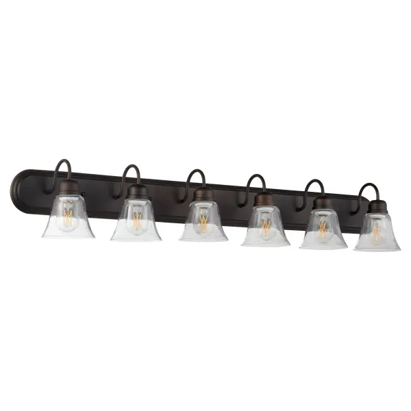 This six-light vanity fixture blends timeless traditional design with contemporary seeded glass shades. The oiled bronze finish and decorative fastening knobs add sophisticated detail to any bathroom mirror.