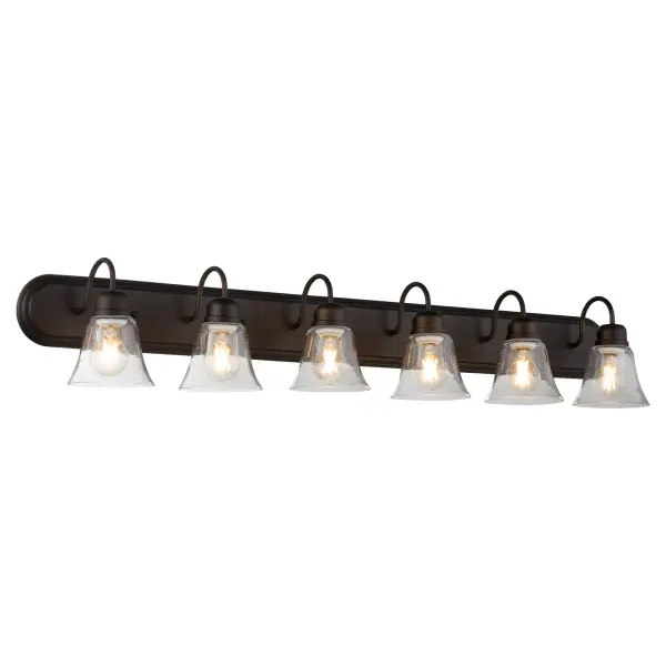 This six-light vanity fixture blends timeless traditional design with contemporary seeded glass shades. The oiled bronze finish and decorative fastening knobs add sophisticated detail to any bathroom mirror. - alternate view