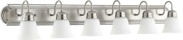 This traditional vanity light combines timeless design with contemporary appeal through its satin nickel finish and bell-shaped opal glass shades. Perfect for larger bathroom mirrors, it provides ample illumination.