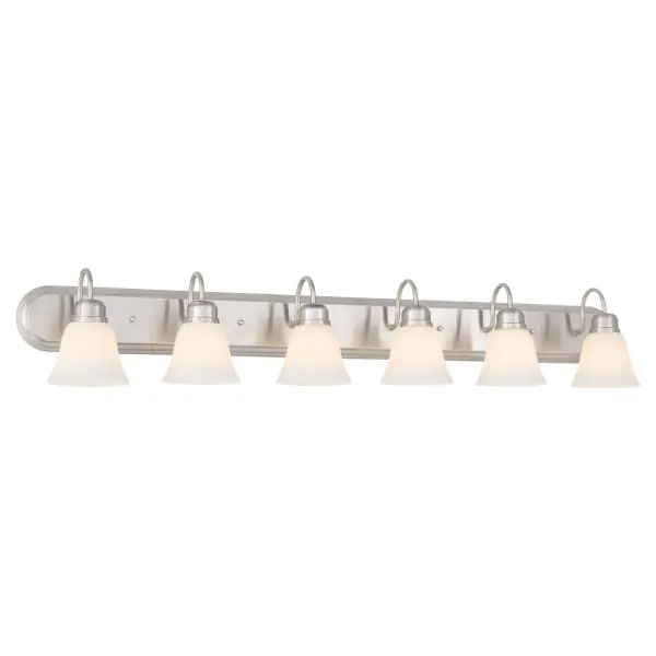 This traditional vanity light combines timeless design with contemporary appeal through its satin nickel finish and bell-shaped opal glass shades. Perfect for larger bathroom mirrors, it provides ample illumination. - alternate view