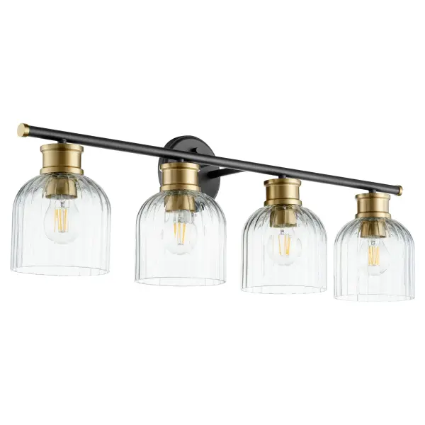 The Monarch vanity light blends contemporary design with timeless elegance through its striking black and aged brass finish combination. Four clear fluted tulip glass shades provide ample illumination while the sharp-angled arms add modern architectural interest.