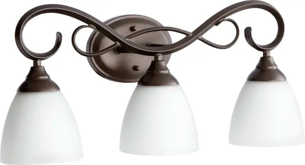 The Powell 3-Light Vanity combines traditional design with sophisticated details in a rich oiled bronze finish. Satin opal glass shades provide soft, even illumination perfect for bathroom tasks and ambiance.