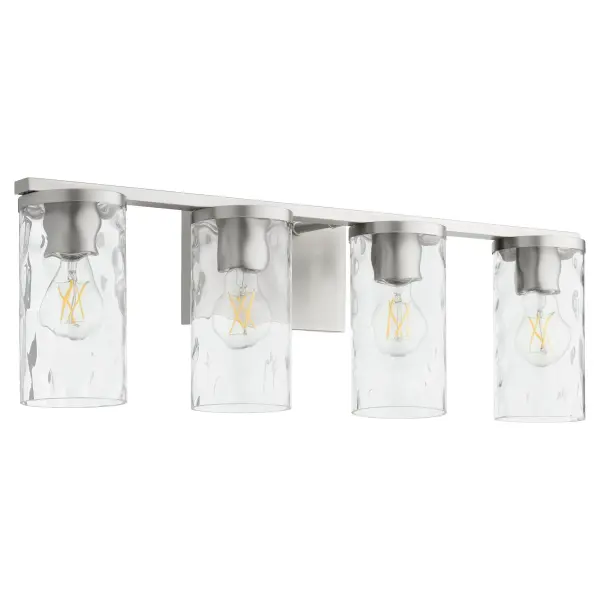 The Steinway 4-Light Vanity combines soft contemporary design with clear hammered glass shades and a refined satin nickel finish. Perfect for modern bathrooms seeking both style and functional illumination.
